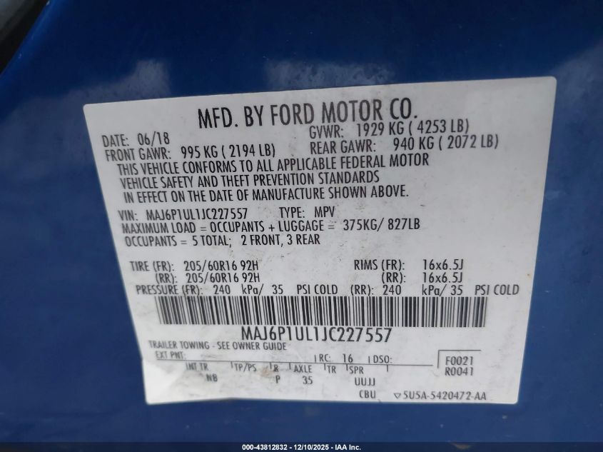 2018 Ford Ecosport Se VIN: MAJ6P1UL1JC227557 Lot: 43812832