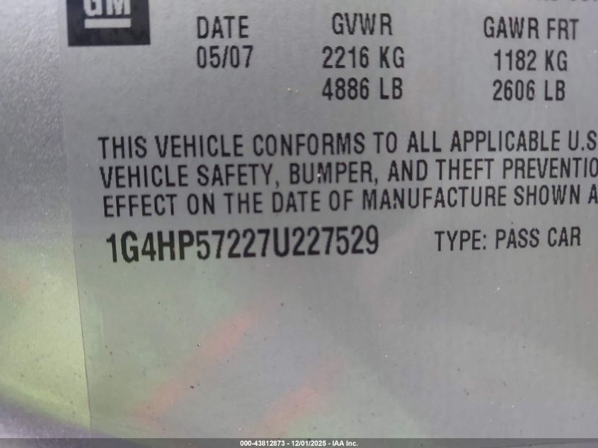 2007 Buick Lucerne Cx VIN: 1G4HP57227U227529 Lot: 43812873