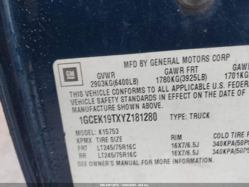 2000 Chevrolet Silverado 1500 Lt VIN: 1GCEK19TXYZ181280 Lot: 43812875