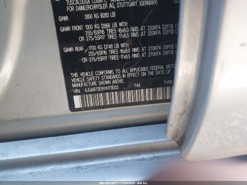 2000 Mercedes-Benz Ml 430 VIN: 4JGAB72E9YA173033 Lot: 43812877