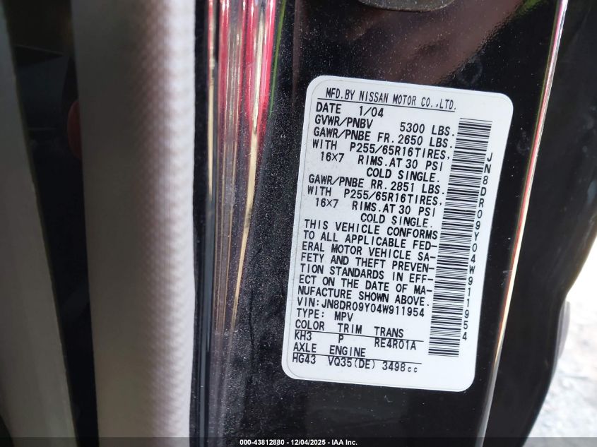 2004 Nissan Pathfinder Se VIN: JN8DR09Y04W911954 Lot: 43812880