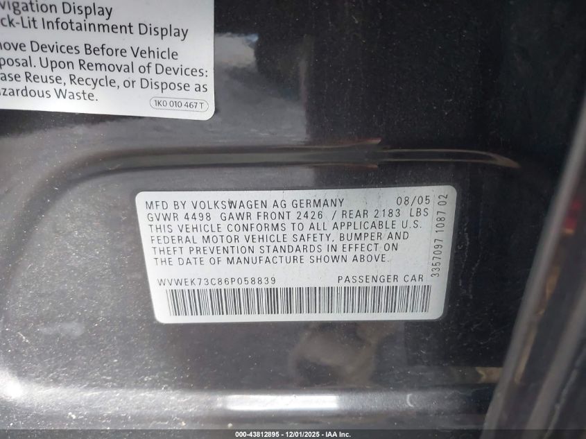 2006 Volkswagen Passat 2.0T VIN: WVWEK73C86P058839 Lot: 43812895