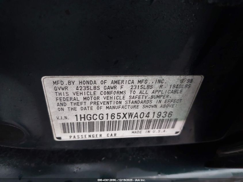 1998 Honda Accord Ex V6 VIN: 1HGCG165XWA041936 Lot: 43812896