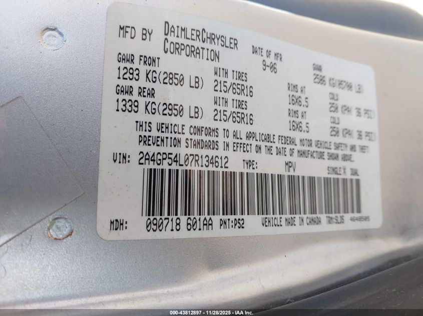 2007 Chrysler Town & Country Touring VIN: 2A4GP54L07R134612 Lot: 43812897