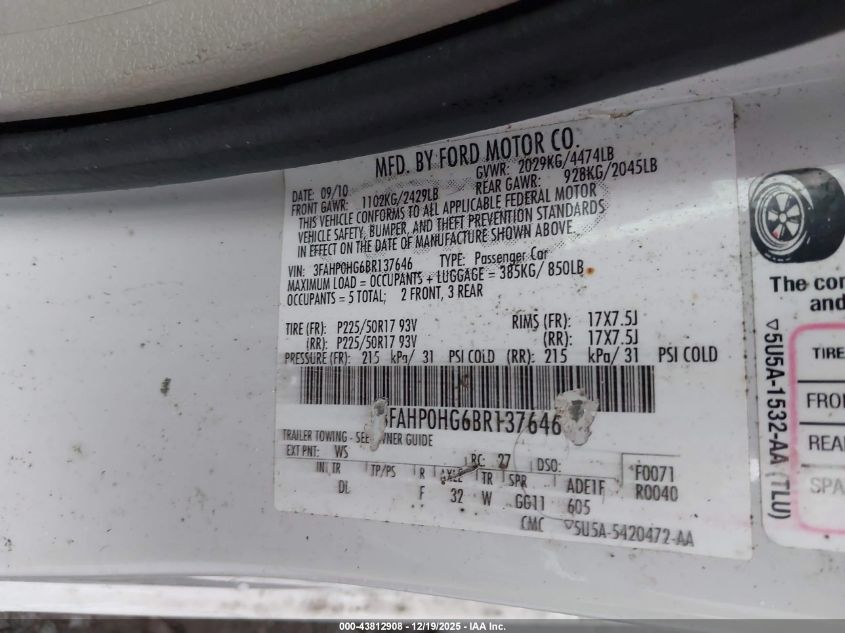 2011 Ford Fusion Se VIN: 3FAHP0HG6BR137646 Lot: 43812908