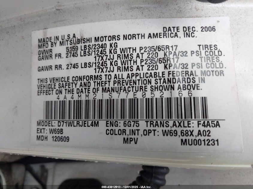 2007 Mitsubishi Endeavor Ls VIN: 4A4MM21S77E052166 Lot: 43812913