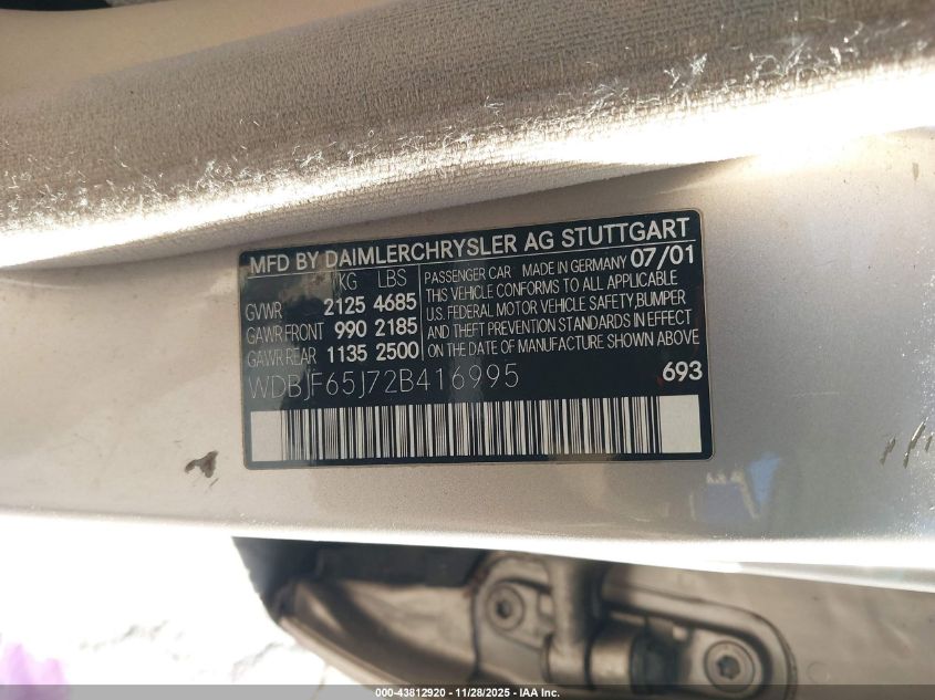 2002 Mercedes-Benz E 320 Special Edition VIN: WDBJF65J72B416995 Lot: 43812920