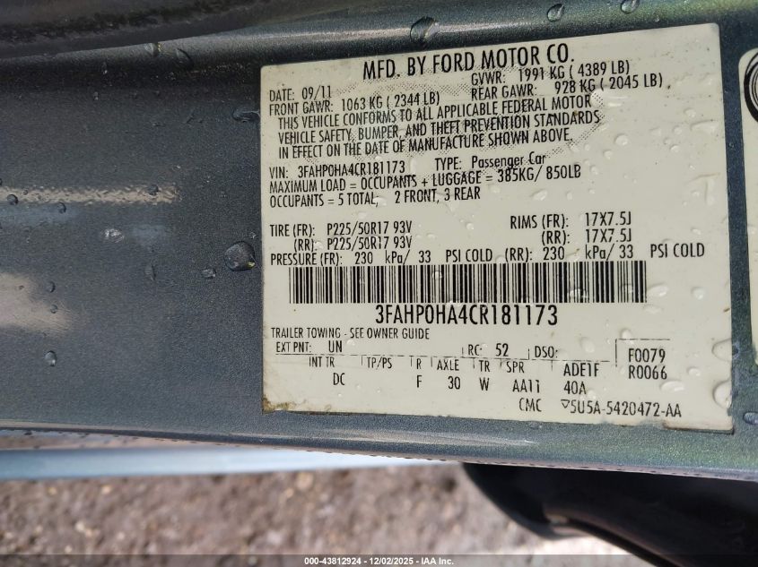 2012 Ford Fusion Se VIN: 3FAHP0HA4CR181173 Lot: 43812924