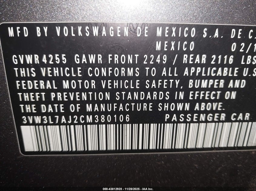 2012 Volkswagen Jetta 2.0L Tdi VIN: 3VW3L7AJ2CM380106 Lot: 43812928