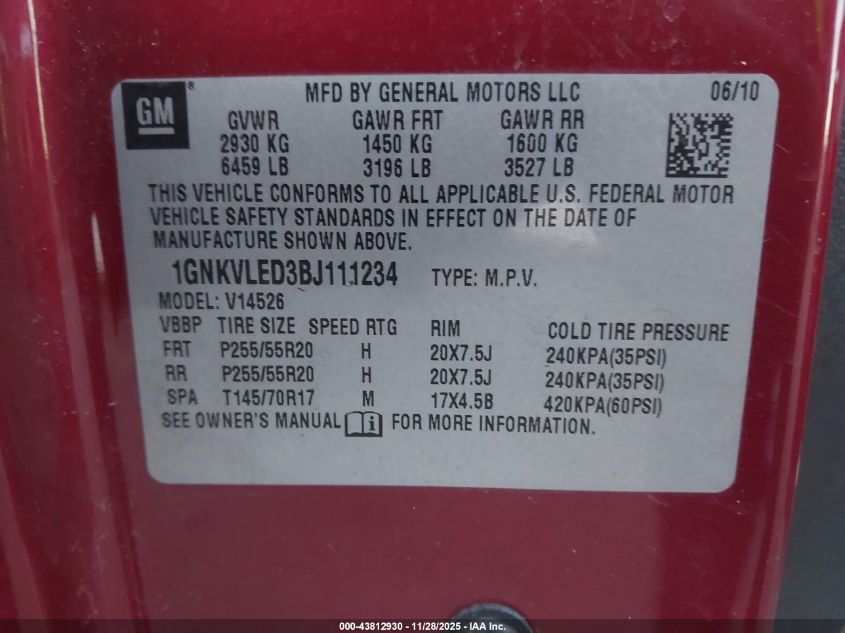 2017 Chevrolet Traverse 1Lt VIN: 1GNKVGKD3HJ251336 Lot: 43812930