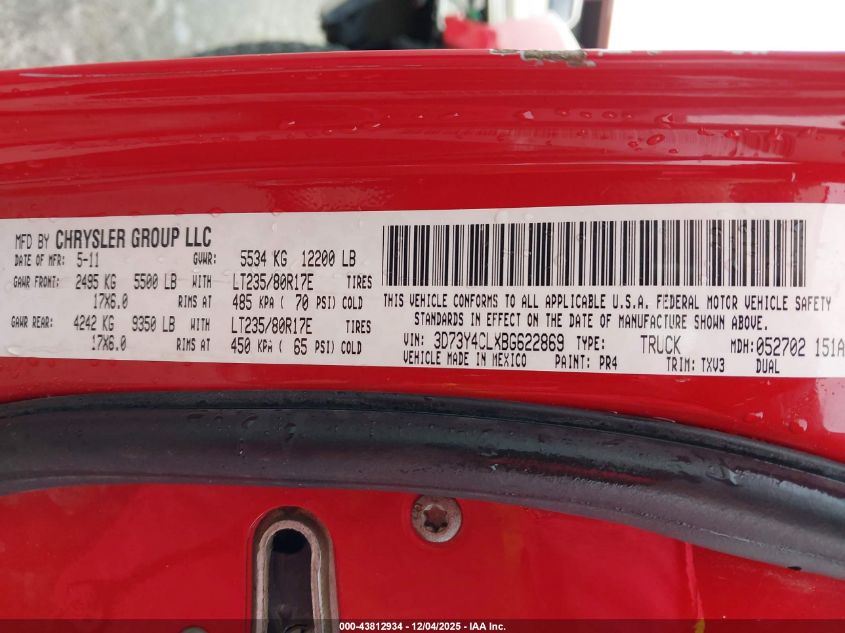 2011 Ram Ram 3500 St VIN: 3D73Y4CLXBG622869 Lot: 43812934