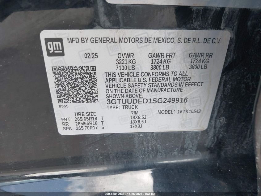 2025 GMC Sierra 1500 4Wd Short Box Slt VIN: 3GTUUDED1SG249916 Lot: 43812938