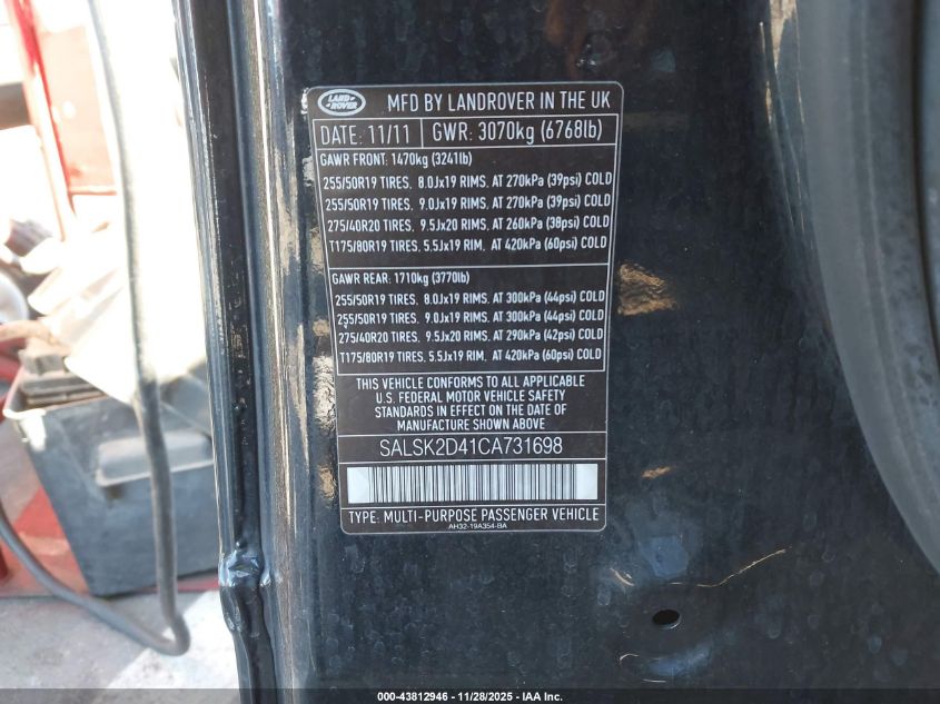 2012 Land Rover Range Rover Sport Hse VIN: SALSK2D41CA731698 Lot: 43812946