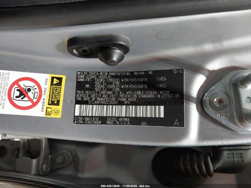 2016 Toyota Highlander Xle V6 VIN: 5TDJKRFH6GS238040 Lot: 43812948