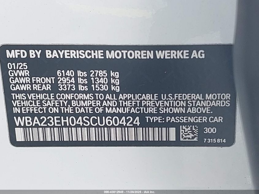 2025 BMW 740I VIN: WBA23EH04SCU60424 Lot: 43812949