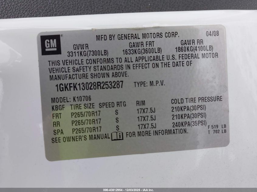 2008 GMC Yukon Slt VIN: 1GKFK13028R253287 Lot: 43812954