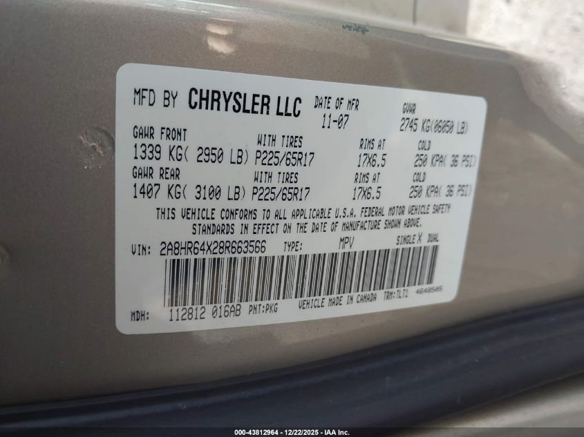 2008 Chrysler Town & Country Limited VIN: 2A8HR64X28R668566 Lot: 43812964