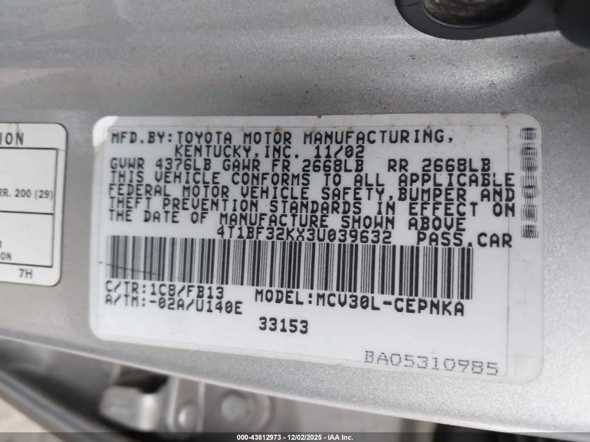 2003 Toyota Camry Le V6 VIN: 4T1BF32KX3U039632 Lot: 43812973