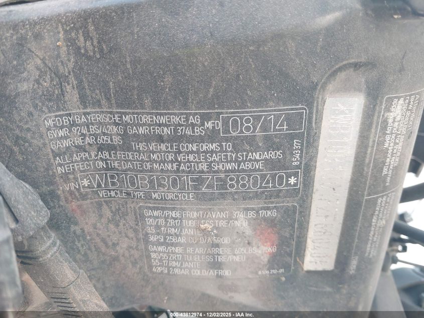 2015 BMW F800 Gt VIN: WB10B1301FZF88040 Lot: 43812974