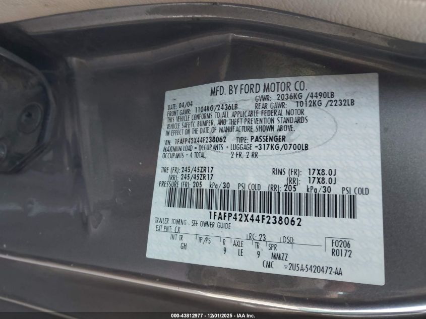 2004 Ford Mustang Gt VIN: 1FAFP42X44F238062 Lot: 43812977