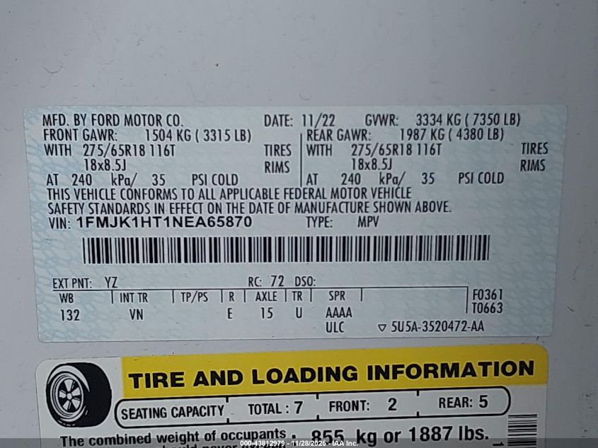 2022 Ford Expedition Max Xlt VIN: 1FMJK1HT1NEA65870 Lot: 43812979