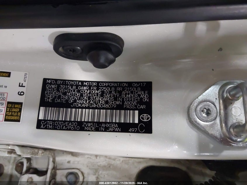 2017 Toyota Prius Four VIN: JTDKARFU4H3048079 Lot: 43812982