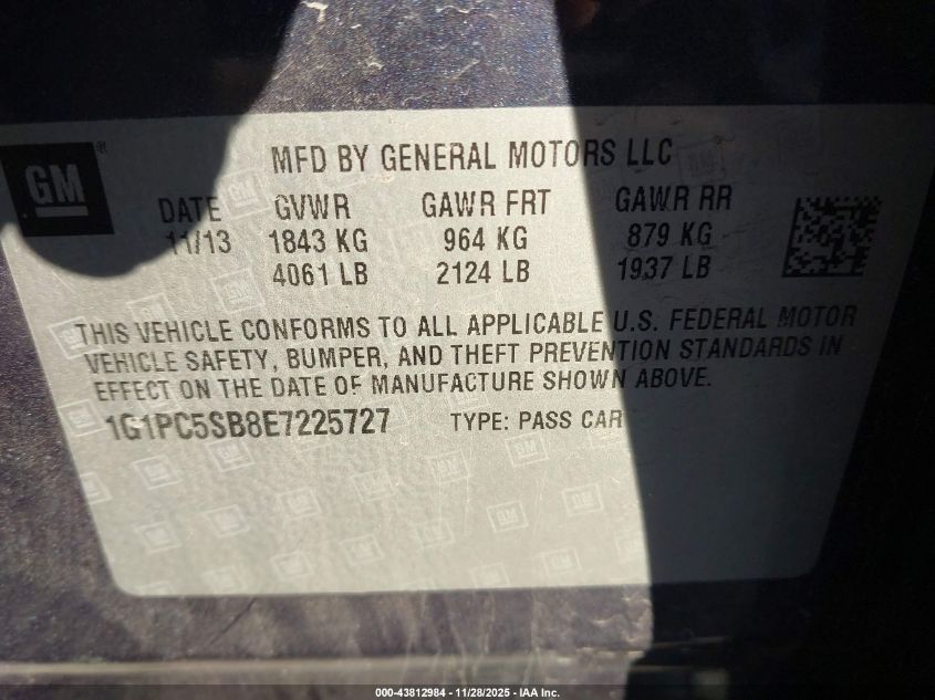 2014 Chevrolet Cruze 1Lt Auto VIN: 1G1PC5SB8E7225727 Lot: 43812984