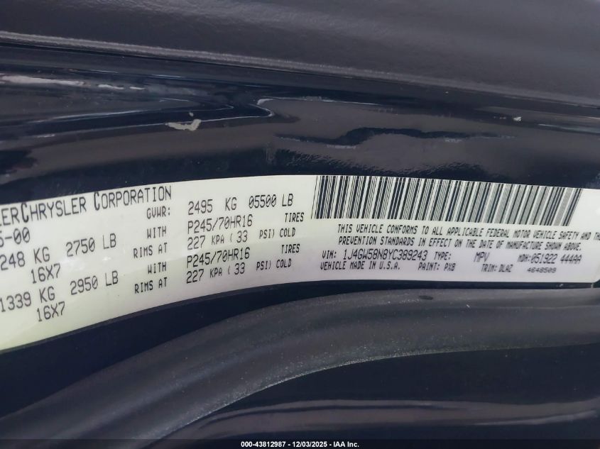 2000 Jeep Grand Cherokee Limited VIN: 1J4GW58N8YC389243 Lot: 43812987