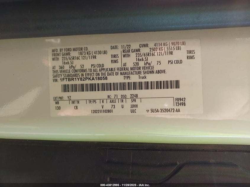 2023 Ford Transit-250 VIN: 1FTBR1Y82PKA18058 Lot: 43812995