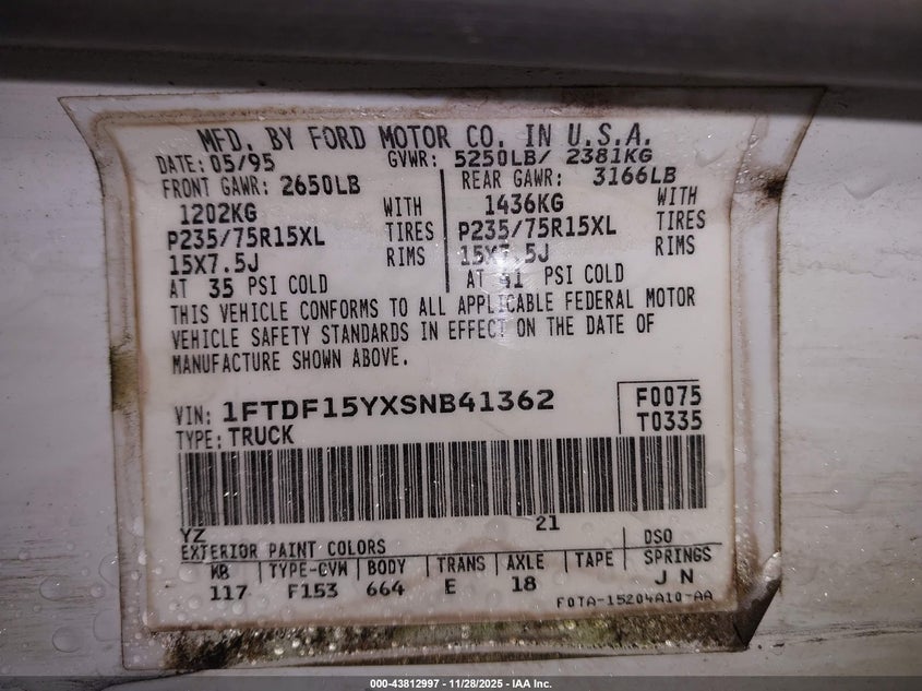 1995 Ford F150 VIN: 1FTDF15YXSNB41362 Lot: 43812997