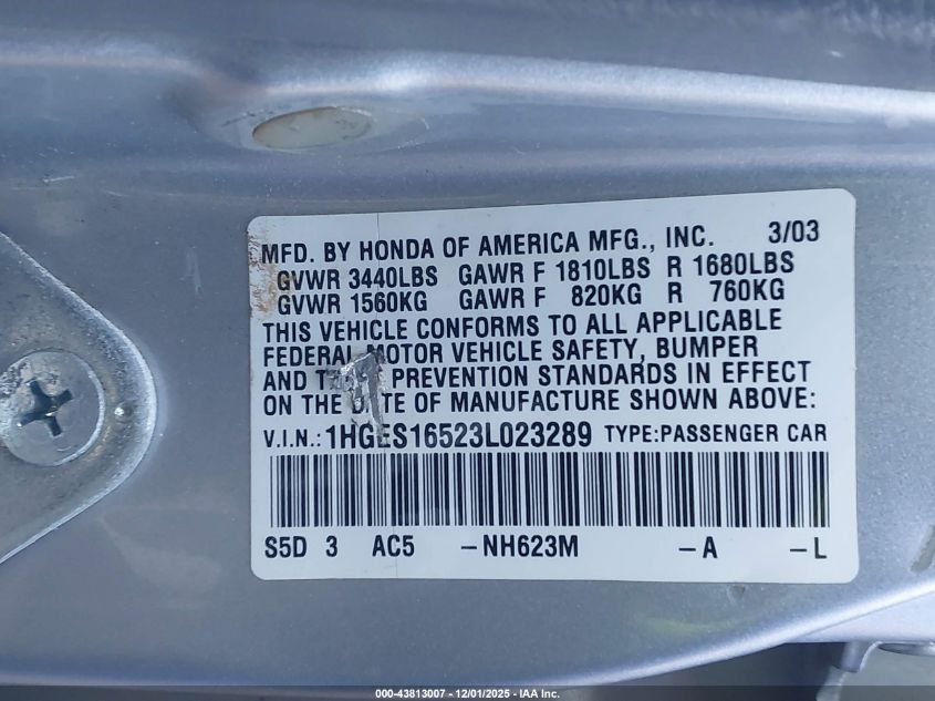 2003 Honda Civic Lx VIN: 1HGES16523L023289 Lot: 43813007