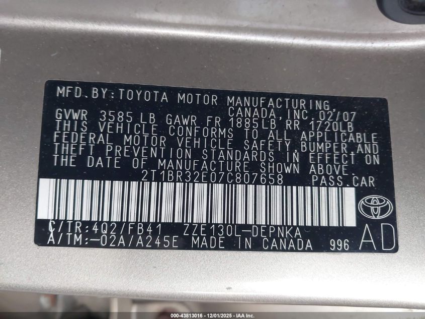 2007 Toyota Corolla Le VIN: 2T1BR32E07C807658 Lot: 43813016