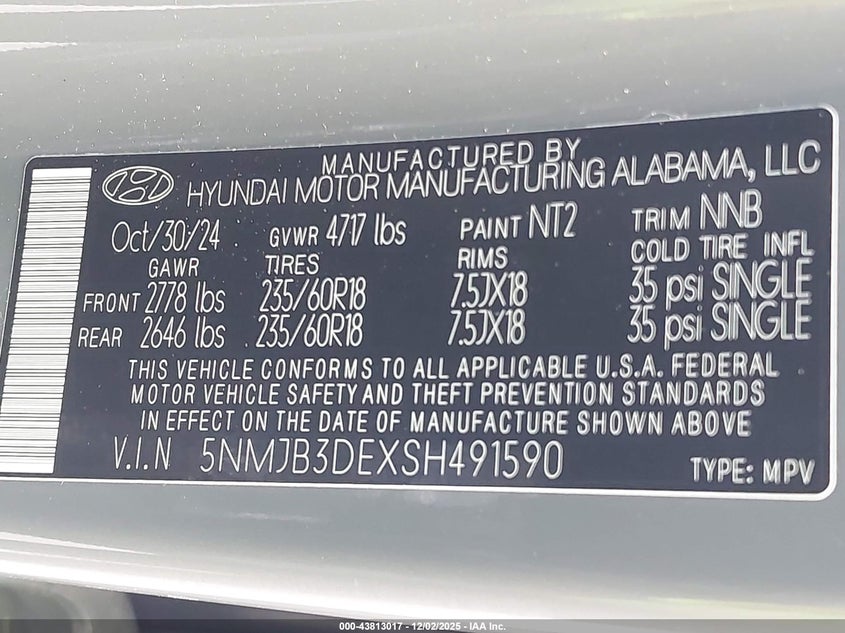 2025 HYUNDAI TUCSON 2.5L I-4 DI, DOHC, V(VIN: 5NMJB3DEXSH491590