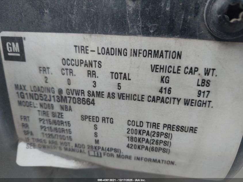 2003 Chevrolet Malibu VIN: 1G1ND52J13M708664 Lot: 43813021