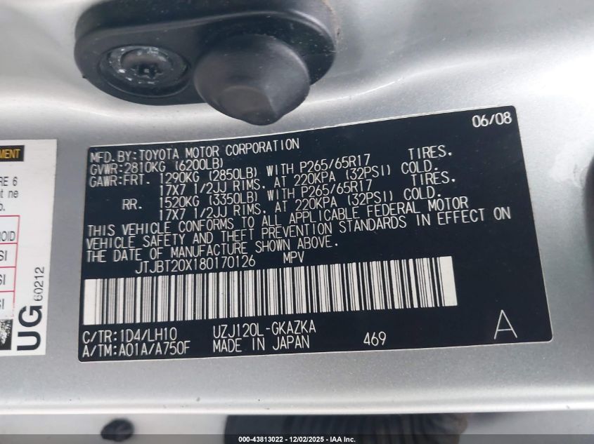 2008 Lexus Gx 470 VIN: JTJBT20X180170126 Lot: 43813022