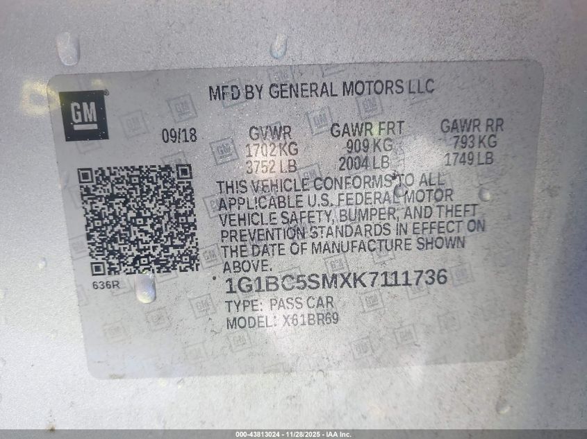 2019 Chevrolet Cruze Ls VIN: 1G1BC5SMXK7111736 Lot: 43813024