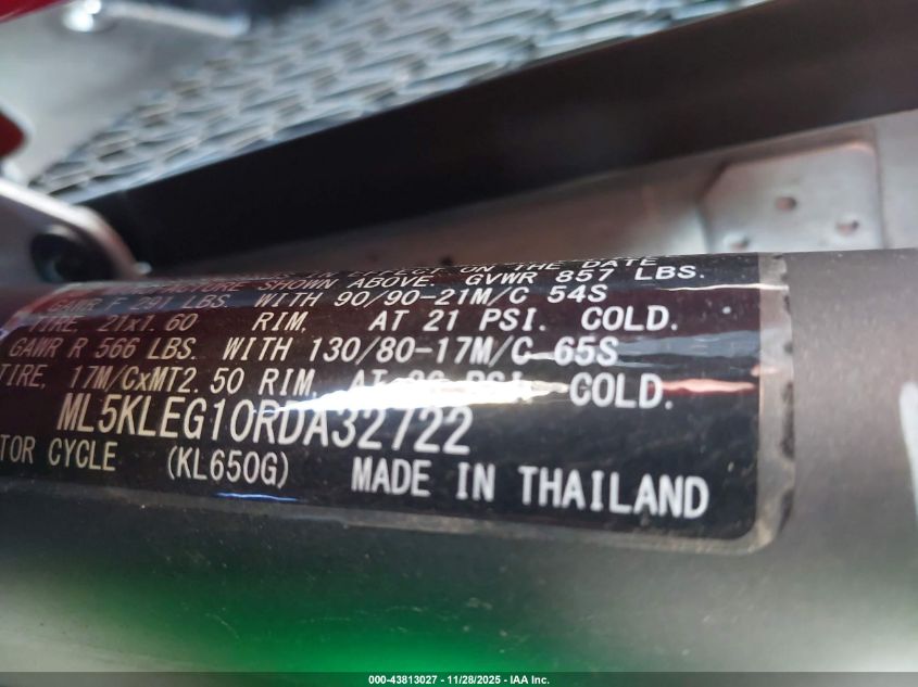 2024 Kawasaki Kl650 G VIN: ML5KLEG10RDA32722 Lot: 43813027