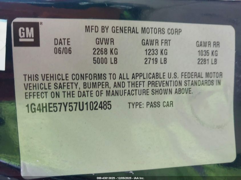 2007 Buick Lucerne Cxs VIN: 1G4HE57Y57U102485 Lot: 43813029