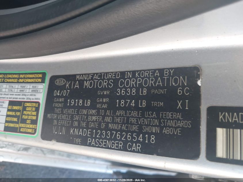 2007 Kia Rio Lx VIN: KNADE123376265418 Lot: 43813032