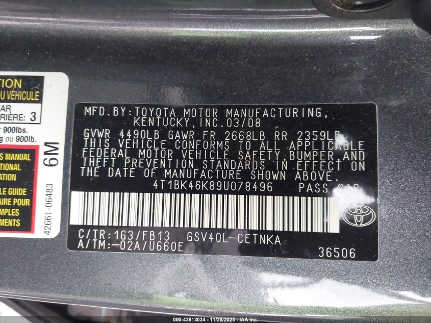 2009 Toyota Camry Le V6 VIN: 4T1BK46K89U078496 Lot: 43813034