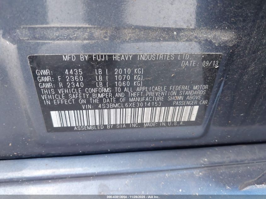 2014 Subaru Legacy 2.5I Limited VIN: 4S3BMCL6XE3014153 Lot: 43813054