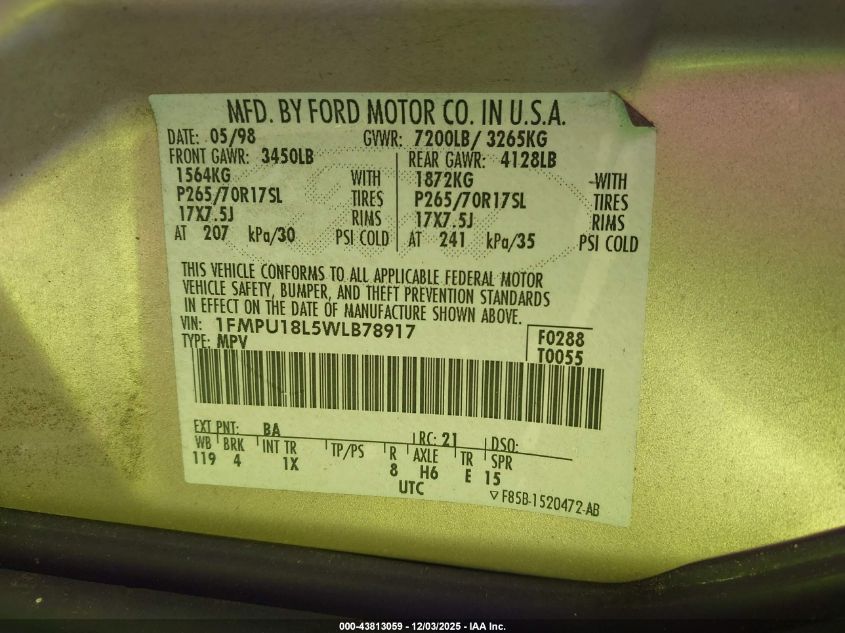 1998 Ford Expedition Eddie Bauer/Xlt VIN: 1FMPU18L5WLB78917 Lot: 43813059