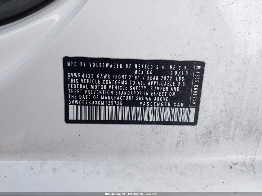 2019 Volkswagen Jetta 1.4T R-Line/1.4T S/1.4T Se VIN: 3VWC57BU3KM125725 Lot: 43813072
