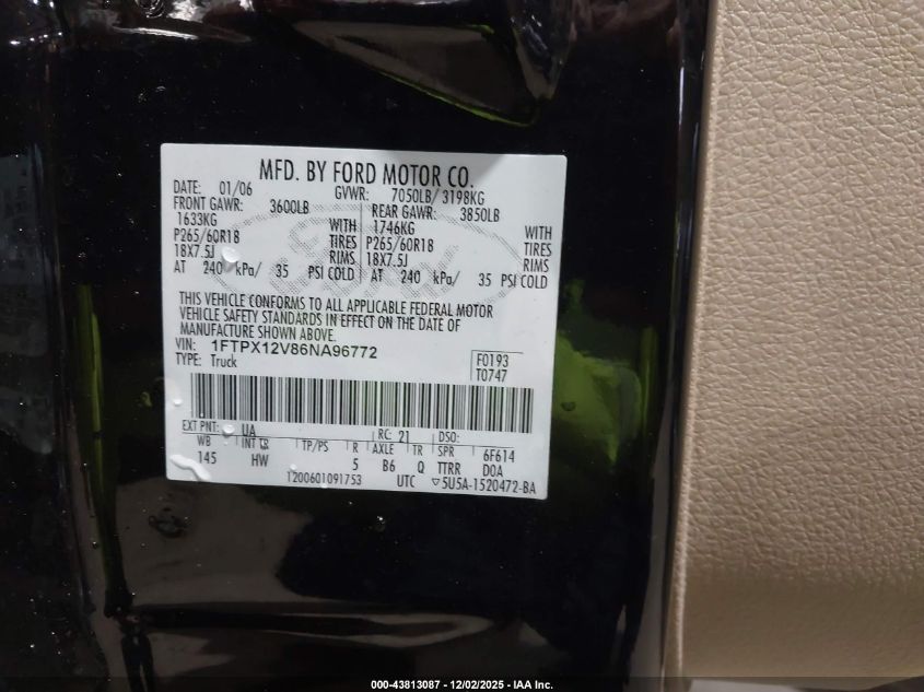 2006 Ford F-150 Lariat/Xl/Xlt VIN: 1FTPX12V86NA96772 Lot: 43813087