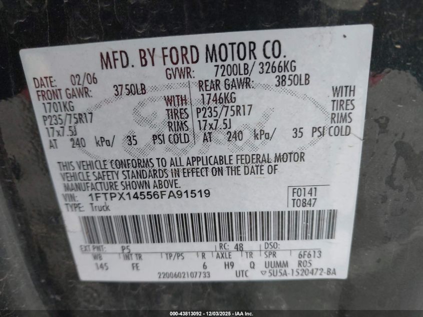 2006 Ford F-150 Fx4/Lariat/Xl/Xlt VIN: 1FTPX14556FA91519 Lot: 43813092
