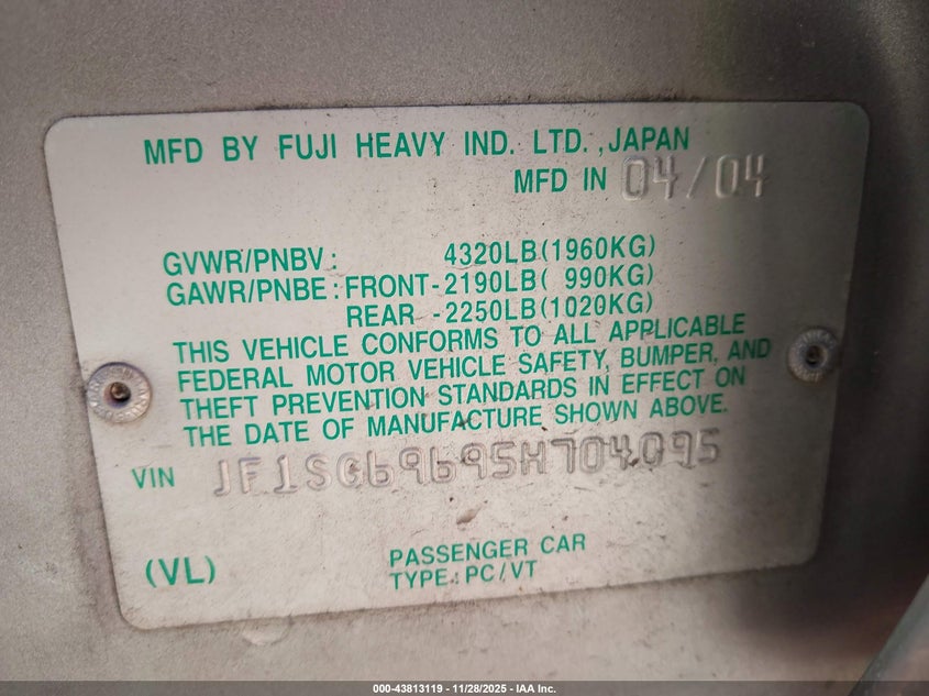 2005 Subaru Forester 2.5Xt VIN: JF1SG69695H704095 Lot: 43813119
