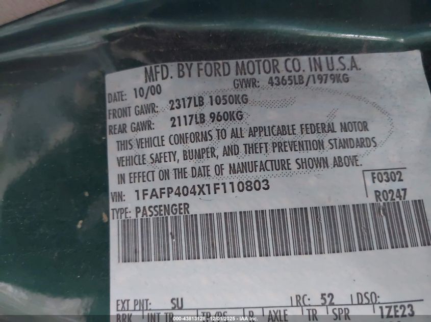 2001 Ford Mustang VIN: 1FAFP404X1F110803 Lot: 43813128