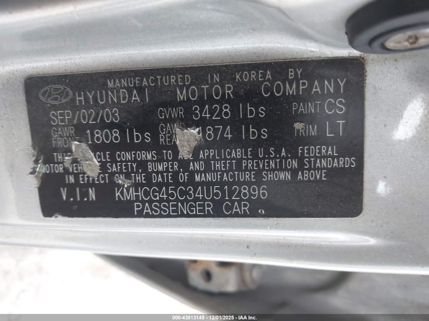 2004 Hyundai Accent Gl VIN: KMHCG45C34U512896 Lot: 43813149