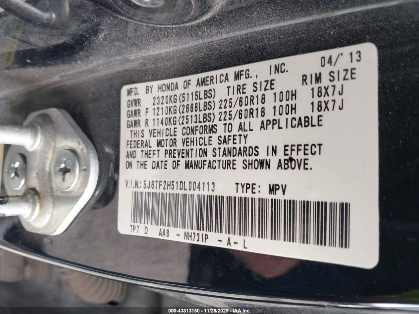 2013 Honda Crosstour Ex-L V6 VIN: 5J6TF2H51DL004113 Lot: 43813150