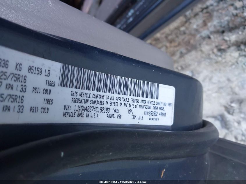 2004 Jeep Grand Cherokee Laredo VIN: 1J4GX48S74C192183 Lot: 43813151